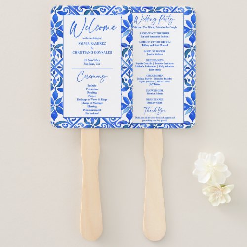 Elegant blue Mexican Talavera wedding program Hand Fan