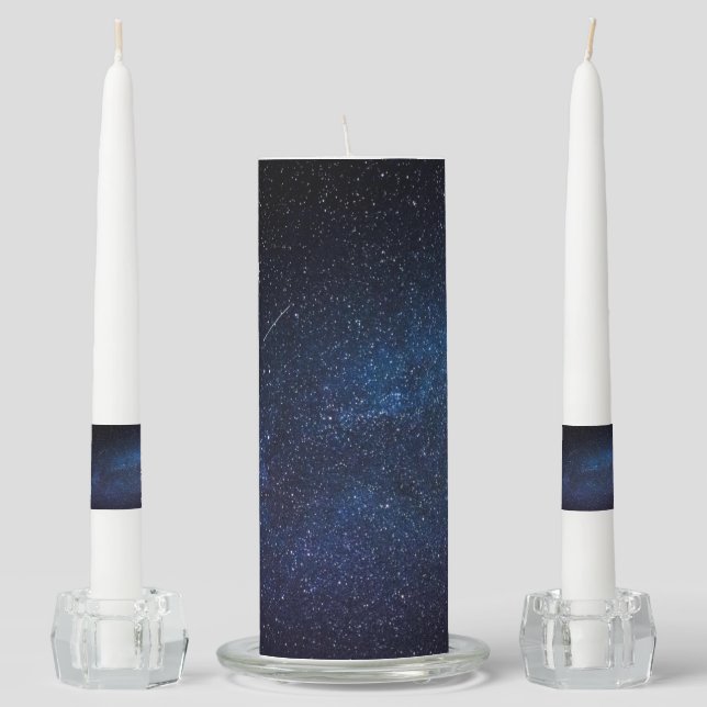 Elegant Blue Milkyway Galaxy Texture Unity Candle Set (Front)