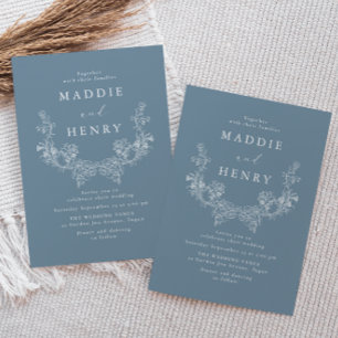 Elegant Blue Minimal Line Art Floral Wedding Invitation