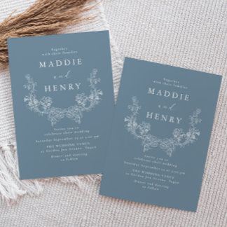 Elegant Blue Minimal Line Art Floral Wedding Invitation