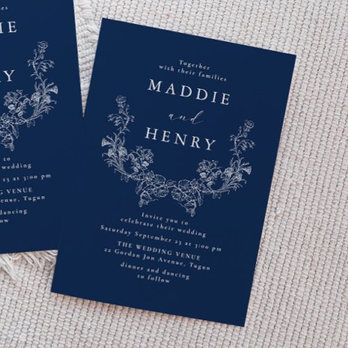 Elegant Blue Minimal Line Art Navy Floral Wedding Invitation