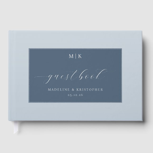 Elegant Blue Minimalist Calligraphy Foil Guest Book (Front)
