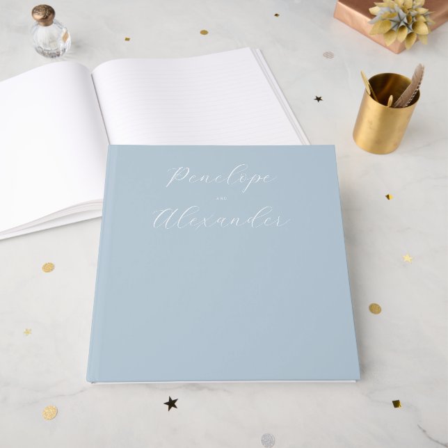 Elegant Blue Minimalist Calligraphy Guest Book (Front Open)