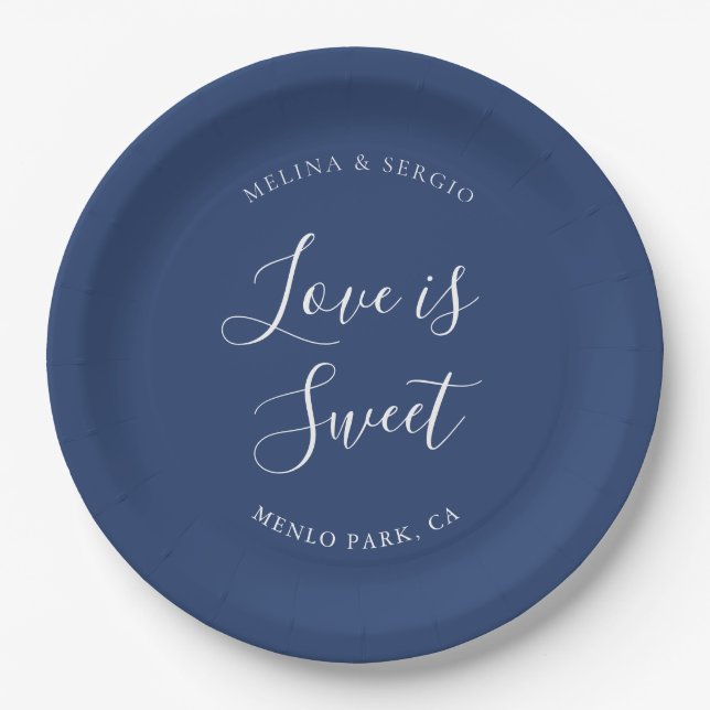 Elegant Blue Minimalist Calligraphy Wedding  Paper Plates (Front)