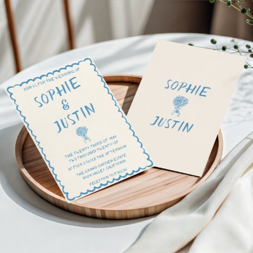 Elegant Blue Minimalist Hand Drawn Wedding Invitation