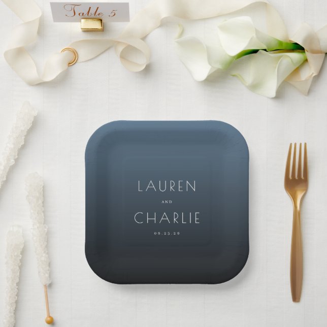 Elegant Blue Minimalist Names Paper Plates (Wedding)