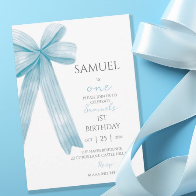 Elegant Blue Minimalistic Bow First BIrthday Boy Invitation (Creator Uploaded)