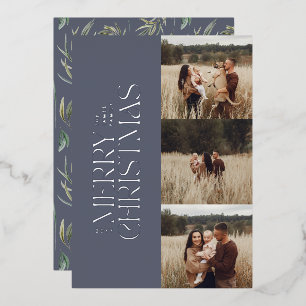 Elegant blue modern minimal multi photo botanical foil holiday card