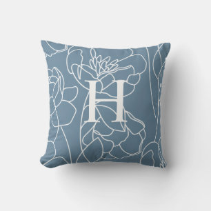 Elegant Blue Modern Wildflower Monogram Name Throw Pillow