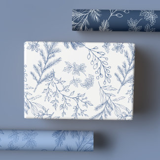 Elegant Blue Monochrome Rustic Winter Botanicals Wrapping Paper Sheets