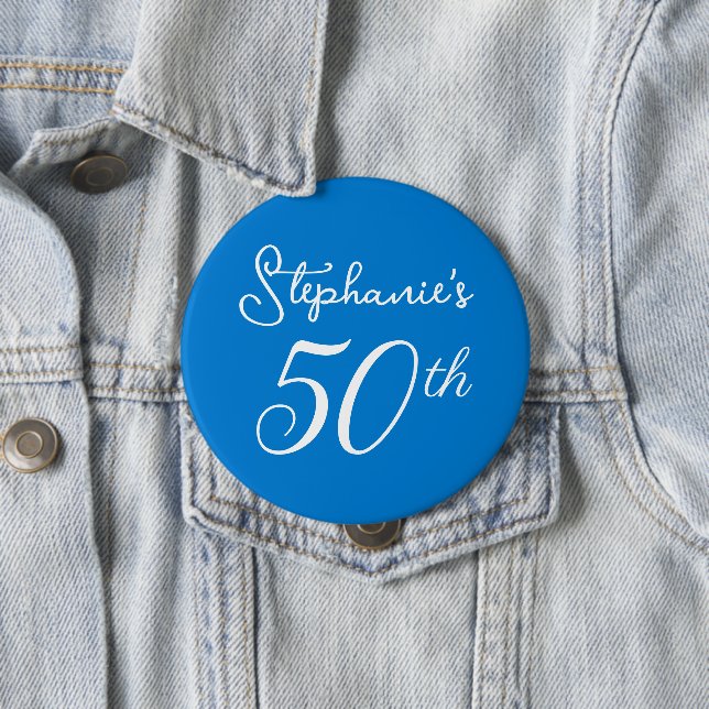 Elegant Blue Monogram 50th Birthday Party Button (In Situ)