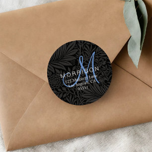 Elegant Blue Monogram Black Floral Return Address Classic Round Sticker