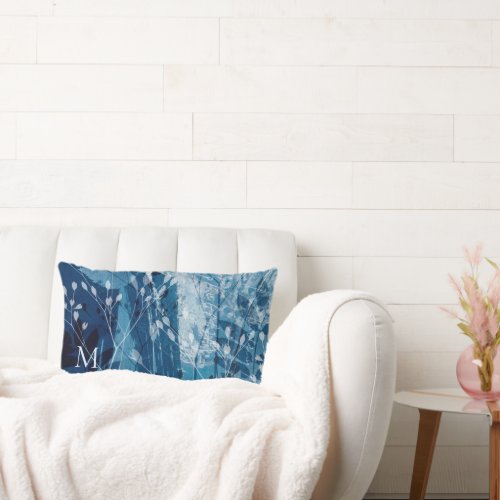 Elegant Blue Monogram Botancial  Lumbar Pillow