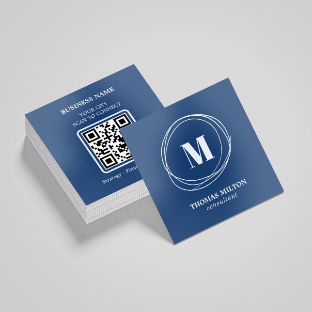 Elegant Blue Monogram Consultant QR Code Silver Foil Business Cards (Creator Uploaded)