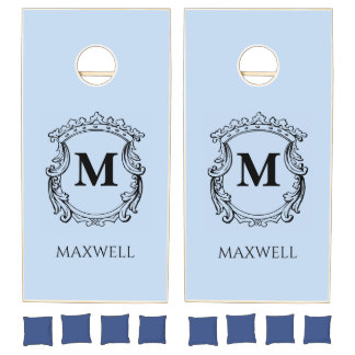 Elegant Blue Monogram Crest Cornhole Set