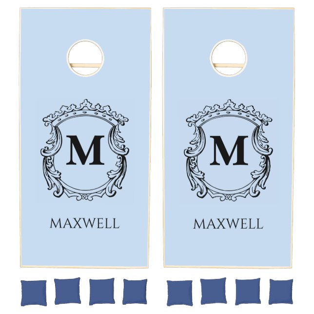 Elegant Blue Monogram Crest  Cornhole Set (Set)