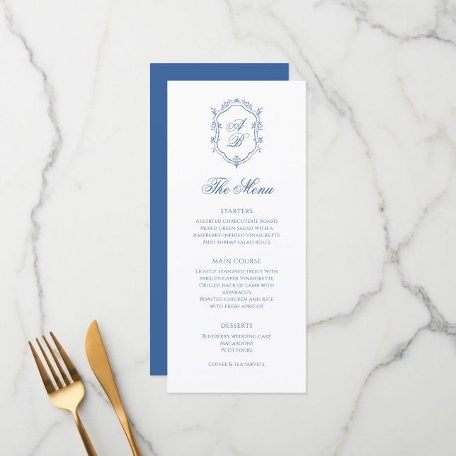 Elegant Blue Monogram Crest Formal Script Wedding Menu (Front/Back In Situ)