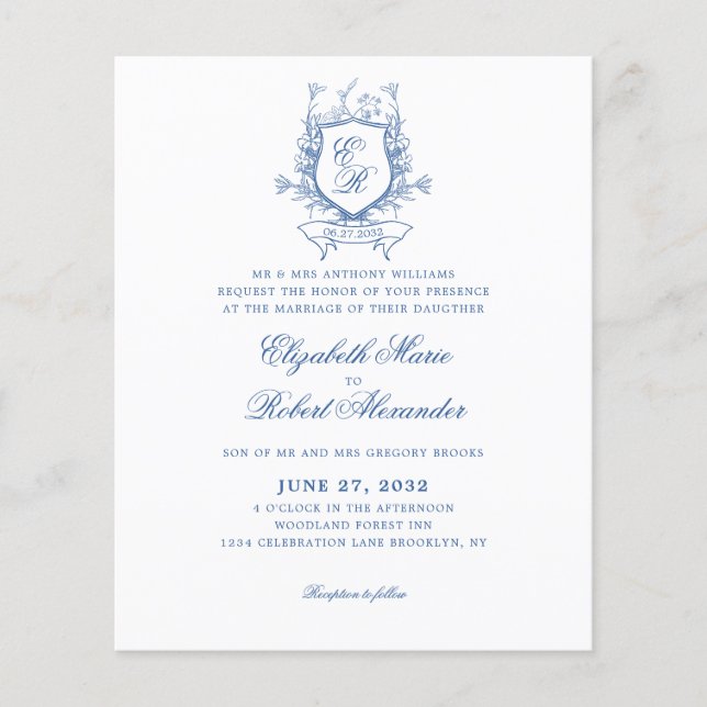 Elegant Blue Monogram Crest Traditional Wedding (Front)