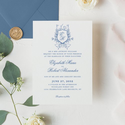 Elegant Blue Monogram Crest Traditional Wedding Invitation