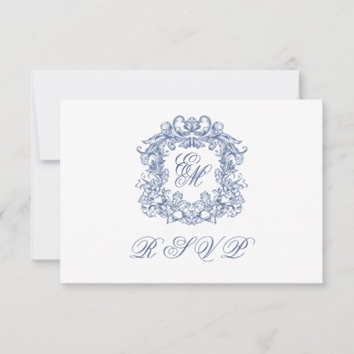 Elegant Blue Monogram Crest Wedding RSVP Card