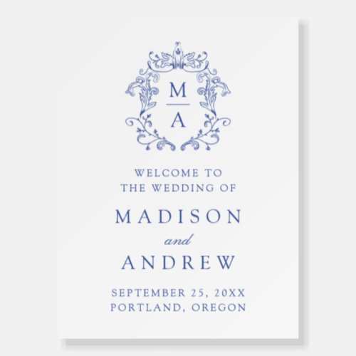 Elegant Blue Monogram Crest Wedding Welcome Foam Board