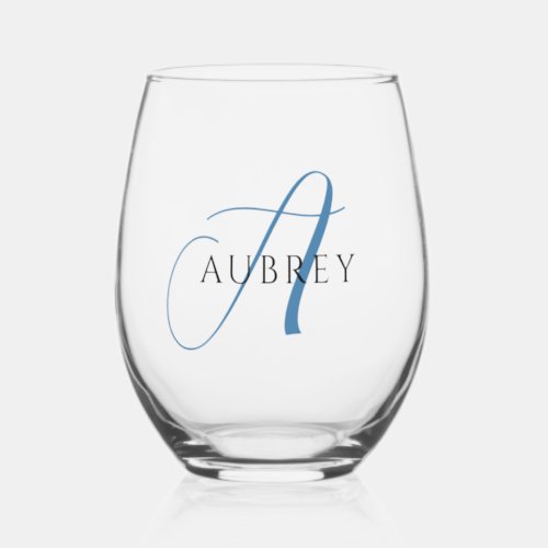 Elegant Blue Monogram Drinkware Set Stemless Wine Glass