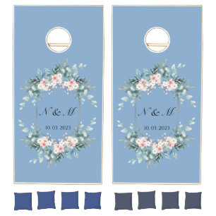 Elegant Blue Monogram Flower & Eucalypt Wedding Cornhole Set