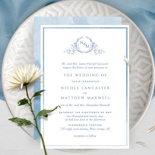Elegant Blue Monogram Formal Watercolor Wedding In Invitation