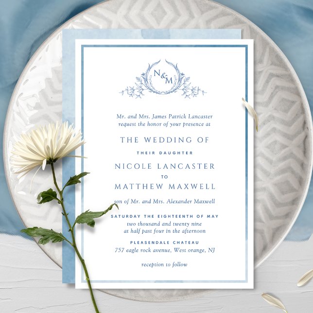 Elegant Blue Monogram Formal Watercolor Wedding In Invitation (Creator Uploaded)