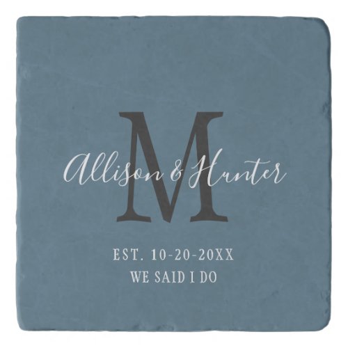 Elegant Blue Monogram Name Established Newlyweds Trivet