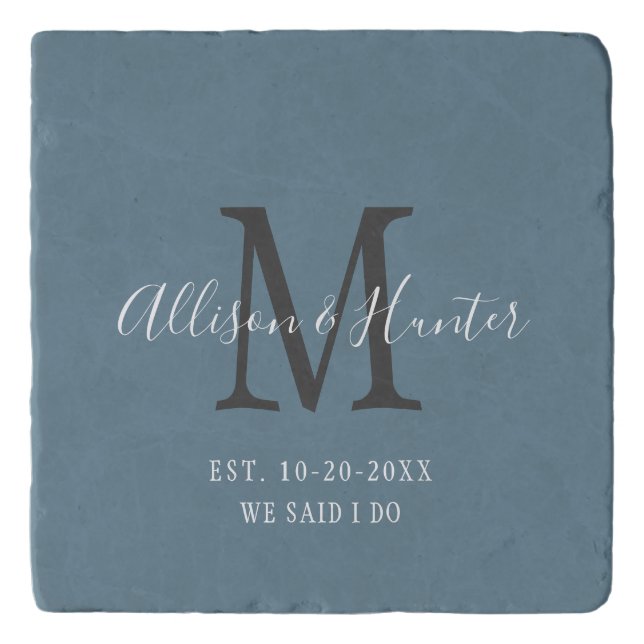 Elegant Blue Monogram Name Established Newlyweds Trivet (Front)