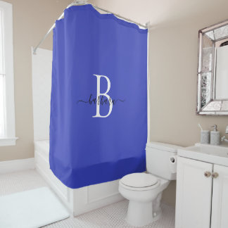 Elegant Blue Monogram Script Name Shower Curtain