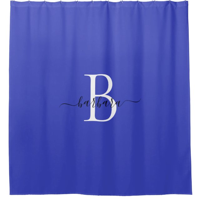 Elegant Blue Monogram Script Name Shower Curtain (Front)