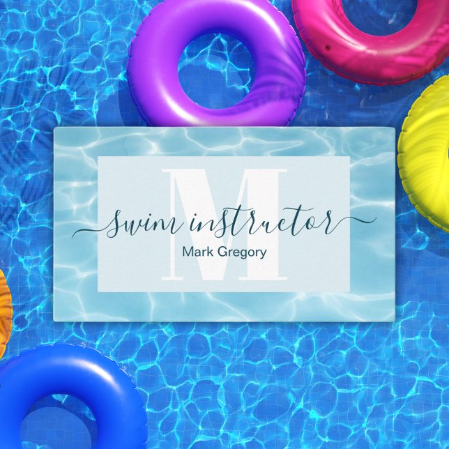 Elegant Blue Monogram Swimming Instructor  Business Card (Creator Uploaded)