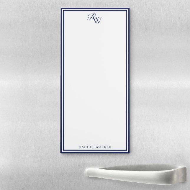 Elegant Blue Monogram Two Border Magnetic Notepad (In Situ)