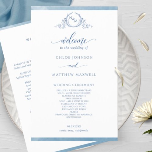 Elegant Blue Monogram Watercolor Wedding Program