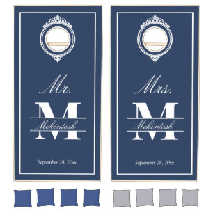 Elegant Blue Monogram Wedding Cornhole Set