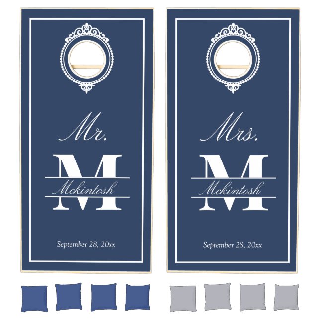 Elegant Blue Monogram Wedding Cornhole Set (Set)