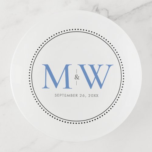 Elegant Blue Monogram Wedding Date Trinket Tray