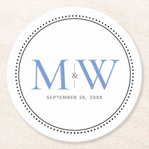 Elegant Blue Monogram Wedding Round Paper Coaster