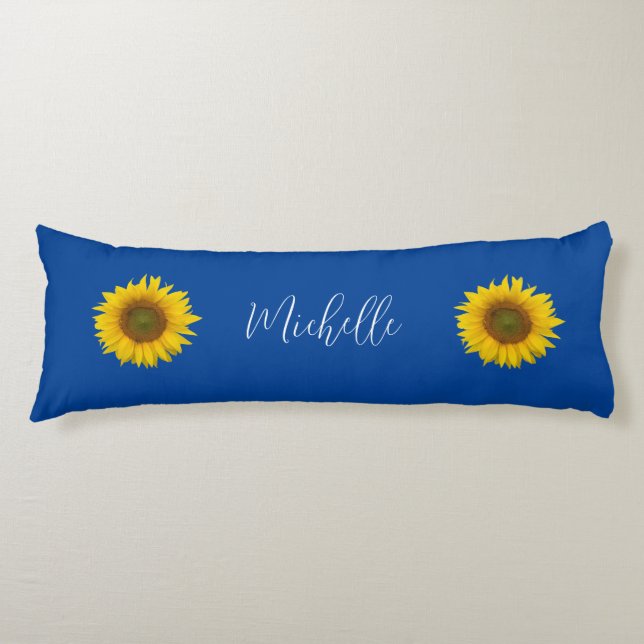 Elegant Blue Monogram Yellow Sunflowers Body Pillow (Front)