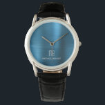 Elegant Blue Monogrammed Brushed Metallic Watch<br><div class="desc">Personalized Elegant Blue Monogrammed Brushed Metallic Watch.</div>