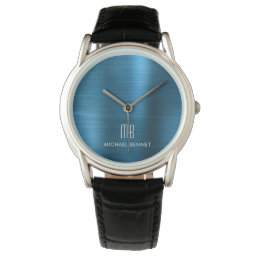 Elegant Blue Monogrammed Brushed Metallic Watch