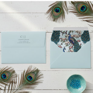 Elegant Blue Monogrammed Peacock Return Address Envelope