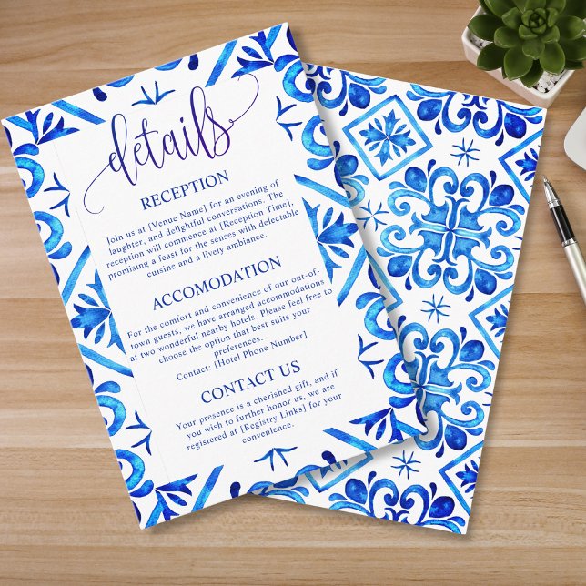 Elegant Blue Moroccan Pattern Wedding Details  Enclosure Card (Creator Uploaded)