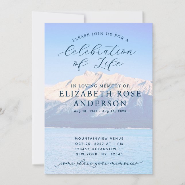 Elegant Blue Mountain Celebration of Life Memorial Invitation (Front)