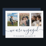 Elegant blue multiphoto Engaged announcement<br><div class="desc">Elegant Blue Engagement announcement card featuring 3 of your photos,  with Engagement Party invitation on back. Easy to personalize.</div>