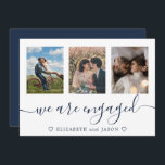 Elegant blue multiphoto Engaged announcement<br><div class="desc">Elegant Blue Engagement announcement card featuring 3 of your photos,  with Engagement Party invitation on back. Easy to personalize.</div>