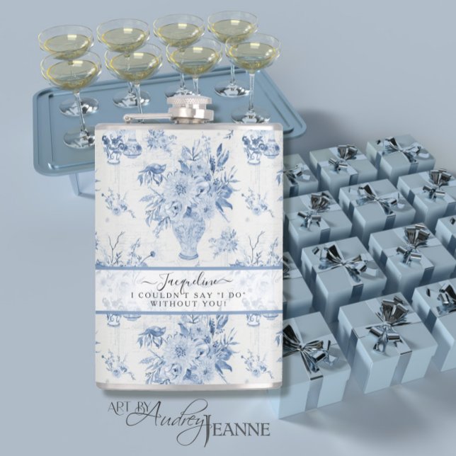 Elegant Blue n White Floral Classic Bridesmaid Flask (Creator Uploaded)