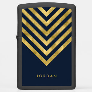 Elegant Blue Name Faux Gold Geometric Chevron Zippo Lighter